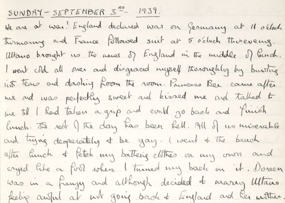 Delwedd du a gwyn o cofnod dyddiadur, gyda'r geiriau 'We are at War!'