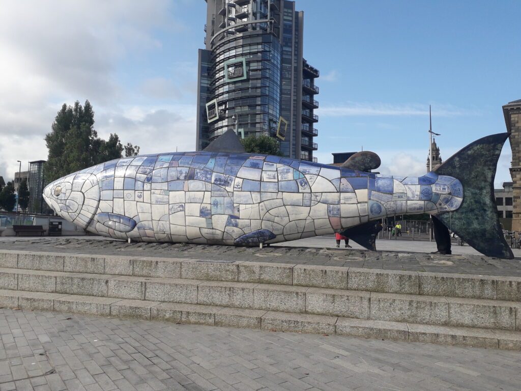 A large sculpture of a fish made from tiles called ‘Big Fish’ in Belfast’s harbour