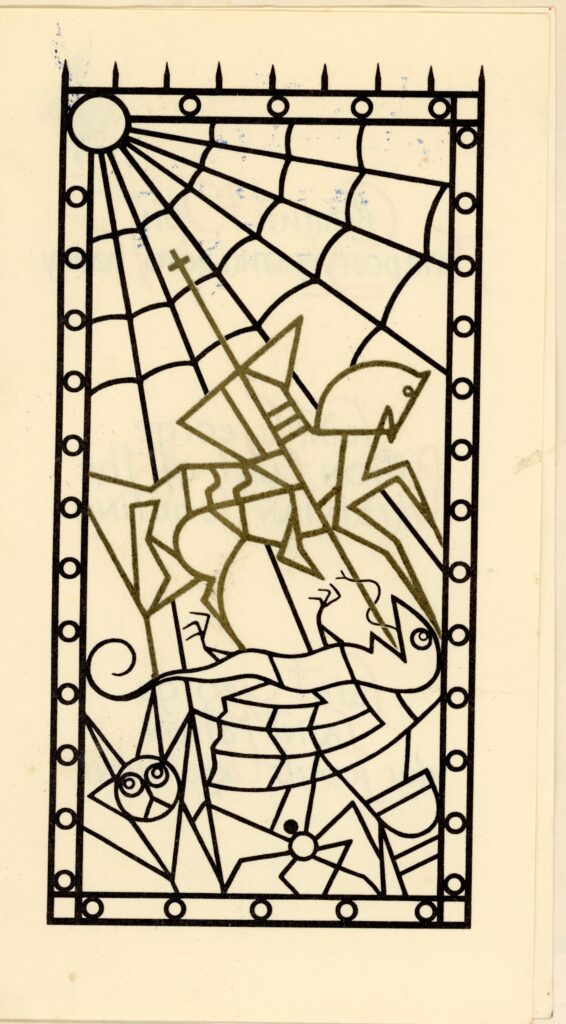 Cerdyn pen-blwydd hwn yn dangos San Siôr yn concro'r ddraig