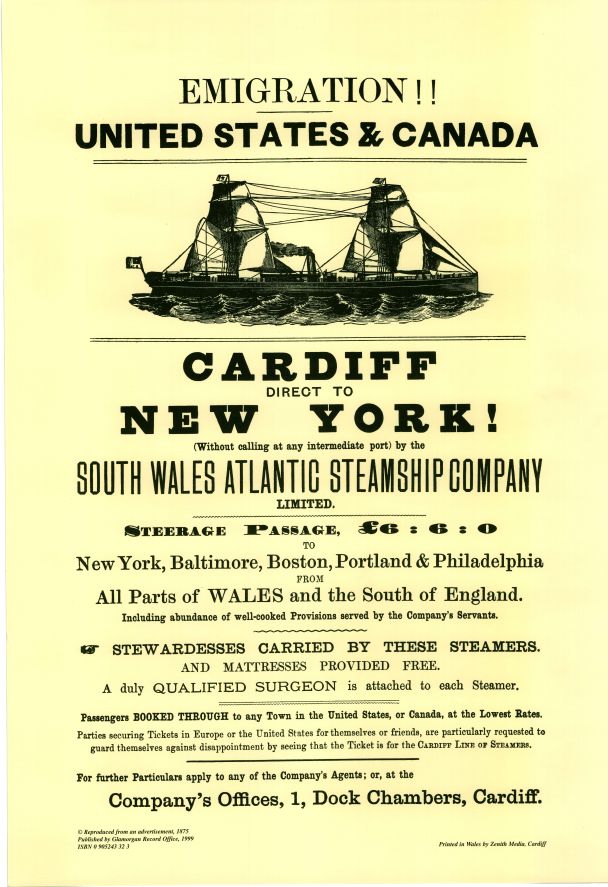 Poster ar gyfer South Wales Atlantic Steamship Company o Gyfeiriadur Masnach (1875), eitem o Archifau Morgannwg