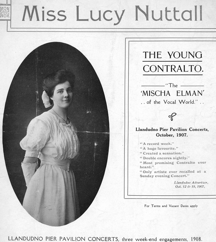 Miss Lucy Nuttall, Hysbyseb Perfformiad Pier Llandudno (1908), eitem o Wasanaeth Archifau Conwy