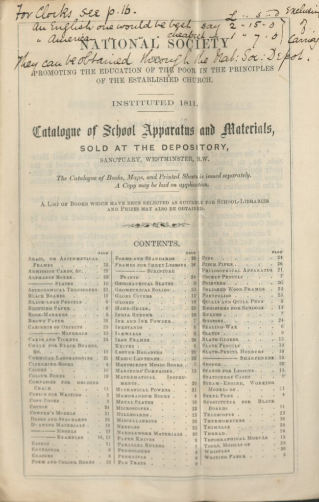 Catalog o Offer a Deunydd Ysgol (1858) y Gymdeithas Genedlaethol, eitem o Lyfrgell ac Archifau Roderic Bowen, Prifysgol Drindod Dewi Sant